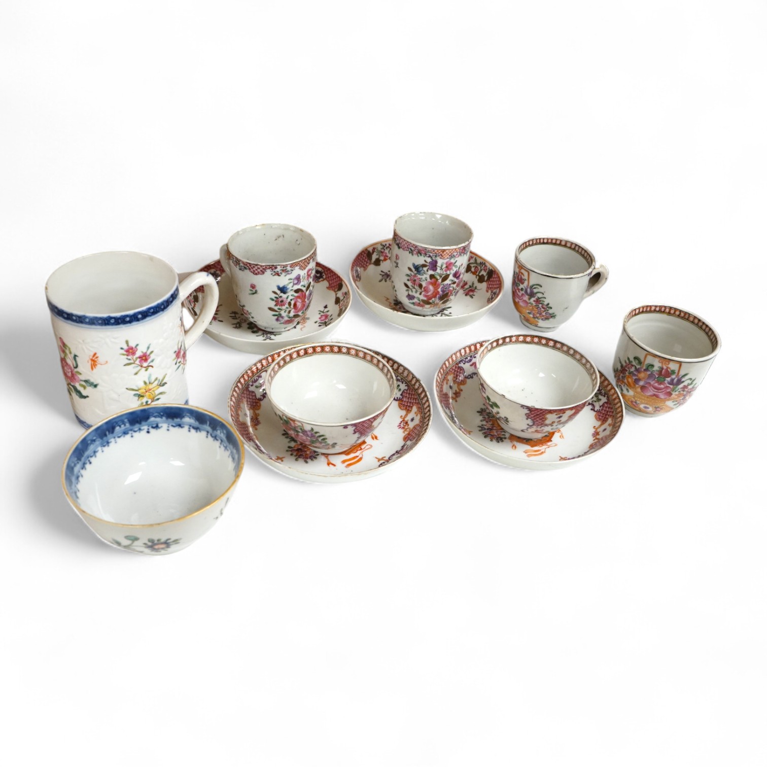 A group of 18th century Chinese export tea and coffee cups, saucers and a mug, mug 9cm high